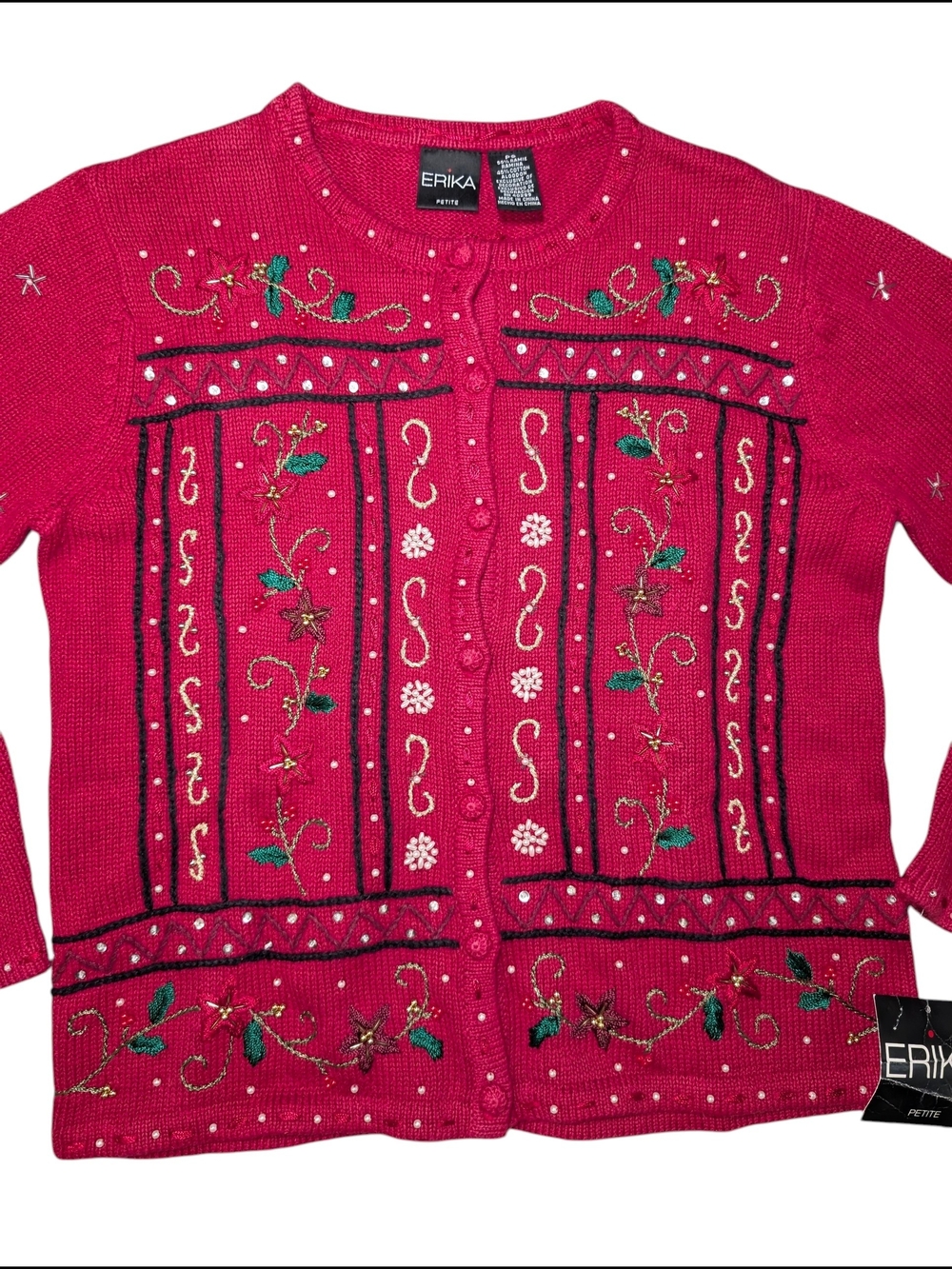 Erika Vintage Red Embroidered Holiday Christmas Winter Cardigan Womens Petite SM